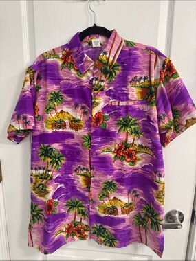 Adam Purple Tropical Hibiscus Floral Print Short Sleeve Button-Down Shirt Unisex